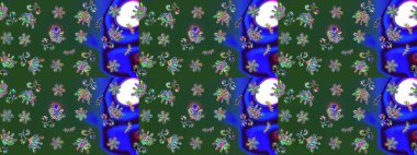 Çiçekli çiçek deseni, suluboya. Düz Çiçek Elementleri Tasarım Raster illüstrasyonu. Yeşil ve mavi renkli çiçekler. Renkli Bahar Teması çizim şablonu.