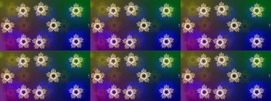 Noel için tatil tasarımı, yeni yıl moda baskıları. Mavi, yeşil ve mor kar taneleri. Güzel tasarım. Kar tanelerinin soyut arkaplanlı Noel arkaplanı. Raster illüstrasyonu.