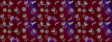 Kırmızı, mor ve mavi renkte etnik çiçeklerle süslenmiş zarif bir eskiz. Asya Tekstil 'inde Raster Çiçek İllüstrasyonu.