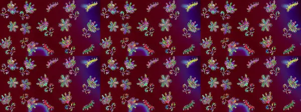 Kırmızı, mor ve mavi renkte etnik çiçeklerle süslenmiş zarif bir eskiz. Asya Tekstil 'inde Raster Çiçek İllüstrasyonu.