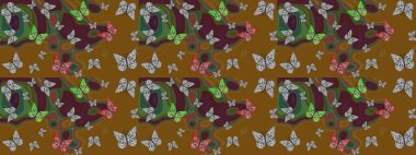 Egzotik Kelebekli Tropik çizim modeli. Kahverengi renkli illüstrasyon. Moda Kumaşı Tasarımı. Raster..