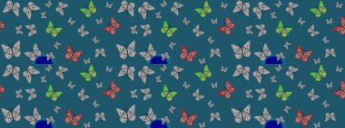 Sırtın için parlak bir dövme. Mavi arka planda güzel renkli bir kelebek. Raster. Tropik gerçekçi kelebek. Kelebek tasviri.