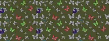 Renkli kelebeklerin eskiz geçmişi. Raster illüstrasyonu. Giysi tasarımı için yeşil arkaplanda dekor.