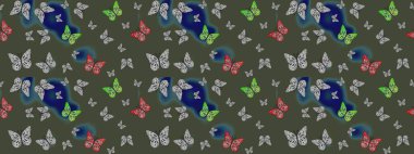 Raster illüstrasyonu. Çizim kalıbı. Yeşil renkte güzel renkli kelebekler. Kumaş, tekstil, baskı ve davet için arkaplan.