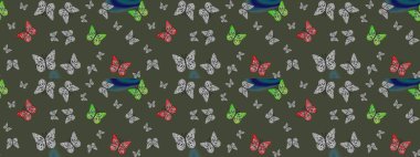 Renkli romantik kelebekler eskizler çiziyor. Yeşil renklerin soyut arkaplanı. Dekoratif Raster çizimi. Elle çizilmiş kelebeklerle.