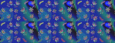 Sanat terapisi tarzı zen çizim için mavi, yeşil ve menekşe şekilli kar taneleri. El çizimi, dövme stili, kumaş tasarımı ve Raster illüstrasyonunda kartlar..