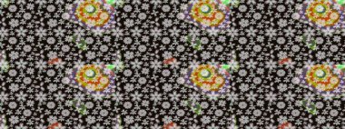 Tekstil için suluboya eskiz deseni. El çizimi çiçek çizimi deseni (fayans). Sevimli çiçekli, desenli, siyah renkli çizim deseni.