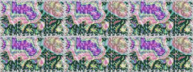 Raster illüstrasyonu. Renkli desenli kusursuz desenli, nötr ve yeşil çiçekli ve dekoratif elementli. Kumaş, tekstil, duvar kağıdı baskısı için. Eski usul. Kusursuz arkaplan.