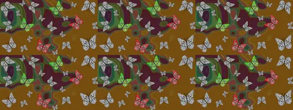 Egzotik Kelebekli Tropik çizim modeli. Kahverengi renkli illüstrasyon. Moda Kumaşı Tasarımı. Raster..