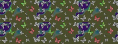 Kumaş, Tekstil, Baskı ve Davetiye için arka plan. Watercolor Style 'da uçan kelebeklerle eskiz kalıbı. Yeşil renklerin çizimi. Doğadaki güzellik. Raster illüstrasyonu.