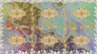 Kart, duvar kağıdı, ambalaj ve tekstil için klasik tasarım. Tarafsız renklerde Royal retro. Klasik çiçek dokusu. Raster illüstrasyonu. Kusursuz desenli altın elementler. Altın şablon.