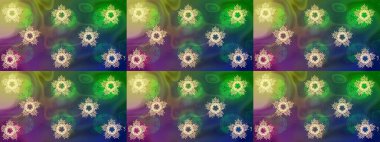 Kış kar taneleri, raster arka plan. Yüzey için tekrarlanan doku, ambalaj kağıdı, yeşil, mavi ve mor renkte kar tanesi.