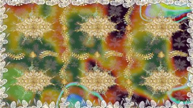 Altın karalama fantezi yapraklarından ve yeşil renkli çiçeklerden Raster soyut çiçek çelengi. El yapımı dekoratif çerçeve, albüm kapağı, tebrik kartı, klasik Art deco tarzı.