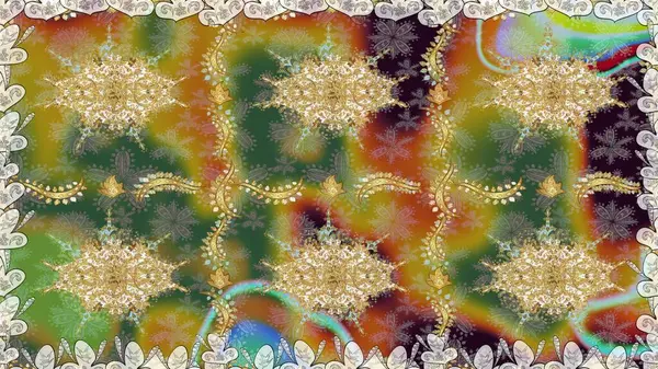 Altın karalama fantezi yapraklarından ve yeşil renkli çiçeklerden Raster soyut çiçek çelengi. El yapımı dekoratif çerçeve, albüm kapağı, tebrik kartı, klasik Art deco tarzı.