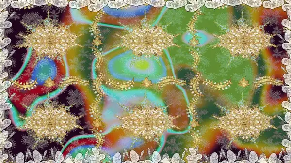 Yeşil renklerde, altın elementlerle kusursuz desen. Geleneksel oryantasyon süsü. Klasik klasik klasik arka plan. Kusursuz klasik raster altın desenli.