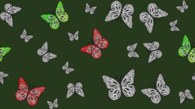 Raster. Şirin kelebeklerin güzel çizim şekli. Yeşil renkli resimler. Elle çizilmiş illüstrasyon. Moda Kumaşı Tasarımı.