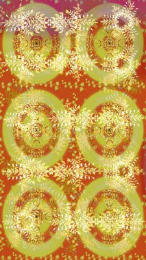 Raster illüstrasyonu. Sarı, turuncu ve nötr kar taneleri. Kar tanelerinin soyut arkaplanlı Noel şablonu. Noel ve Yeni Yıl moda baskıları için tatil tasarımı.