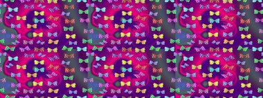 Paketleme, kağıt ve kumaş için uygun. Mor arka planda renkli kelebekler. Kelebekli renkli halk müziği çizimi..