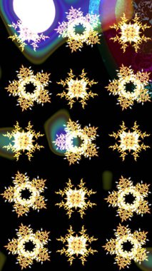 Raster illüstrasyonu. Siyah, kahverengi ve sarı renkli kristal kar taneleri.