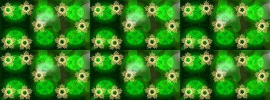 Kar tanelerinin soyut arkaplanlı Noel şablonu. Yeşil ve mavi kar taneleri. Raster illüstrasyonu. Renkler. Noel ve Yeni Yıl moda baskıları için tatil tasarımı.