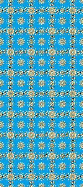 Sarı, beyaz, mavi ve altın desenli. Zarif klasik model. Tekrarlayan ögelerle kusursuz soyut arkaplan.