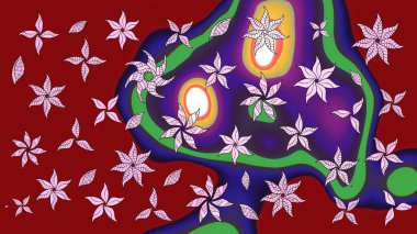 Küçük çiçekteki sevimli çiçek deseni. Bir sürü kırmızı ve soyut çiçekli tropik eskiz deseni. Renkli raster çizimi çizimi.