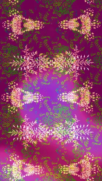 Mor, yeşil ve mor renkli çiçekler. Raster illüstrasyonu. Tropikal çizim çiçek deseni.