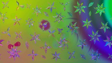 Motley illüstrasyonu. Küçük renkli çiçekler. Moda baskıları için zarif bir şablon. Yeşil çiçekli bahar çiçekleri. Küçük çiçekte şirin desenler.