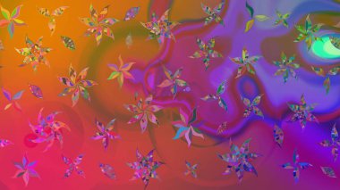 Parlak renkli fantezi çiçekleri, yapraklar mor renkli tomurcuklar. Suluboya el çizimi elementli çiçek çizimi deseni.