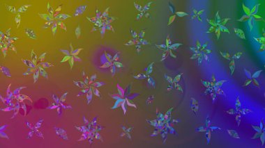 Suluboya elle çizilmiş çiçek desenli eskiz deseni. Parlak renkli fantezi çiçekleri, yapraklar, kahverengi renkli tomurcuklar, kahverengi.