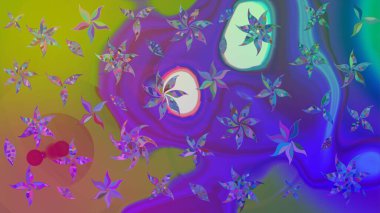 Birçok menekşe ve soyut çiçekli tropik çizim deseni. Küçük çiçekteki sevimli çiçek deseni. Varisolyot raster çizimi.