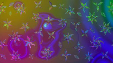 Mor renkte çok renkli zarif küçük çiçekler ve komik böcekler, raster deseni, illüstrasyon.