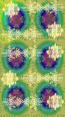 Raster illüstrasyonu. Renkler. Yeşil, mavi ve nötr kar taneleri. Kar tanelerinin soyut arkaplanlı Noel şablonu. Noel ve Yeni Yıl moda baskıları için tatil tasarımı.