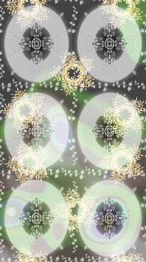 Kar tanelerinin soyut arkaplanı olan şirin bir Noel arkaplanı. Raster illüstrasyonu. Noel ve yeni yıl moda baskıları için tatil tasarımı. Renkler. Gri, nötr ve yeşil kar taneleri.