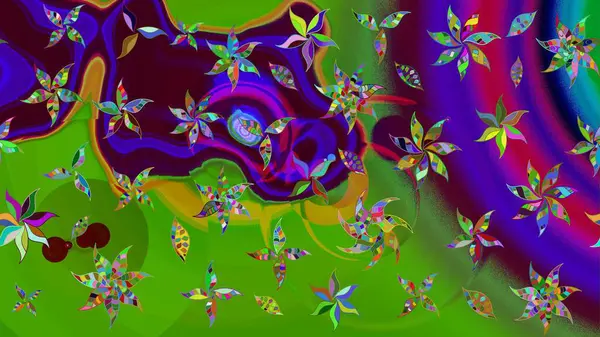 Küçük çiçekte güzel bir desen. Motley illüstrasyonu. Moda baskıları için zarif bir şablon. Küçük renkli çiçekler. Yeşil çiçekli bahar çiçekleri.