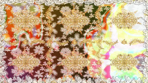 Tarafsız renklerde, altın elementlerle kusursuz desen. Raster oryantal süs. Kusursuz altın desen.