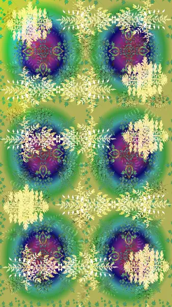 Raster illüstrasyonu. Renkler. Yeşil, mavi ve nötr kar taneleri. Kar tanelerinin soyut arkaplanlı Noel şablonu. Noel ve Yeni Yıl moda baskıları için tatil tasarımı.