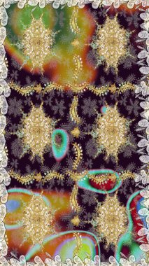 Raster altın desen. Doğu tarzı arabesk. Raster illüstrasyonu. Altın elementli kahverengi renkler. Kusursuz altın desenli bukleler..