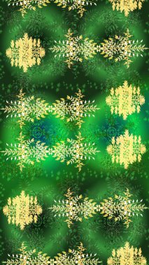 Son moda kar taneleri ve elementler onun kartlarını gösteriyor. Retro stil dokusu, şablon kış elementleri. Modern tasarım posteri, kapak, yeşil, sarı ve mavi renkli kart tasarımı. Kar taneleri tasarımı.