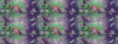 Raster düz çiçekleri pürüzsüz desen. Hediye ambalaj kağıdı, tebrik kartları, posterler ve pankart tasarımı. Mor, yeşil ve nötr renkte çiçekler.