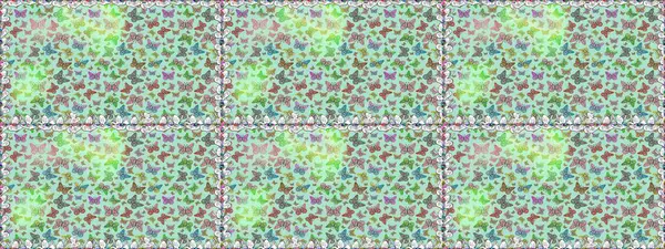 Raster illüstrasyonu. Kusursuz desen. Tarafsız ve yeşil renkler üzerine bir resim. Karala, karala, karala. Tekstil baskısı için ekose kelebek.