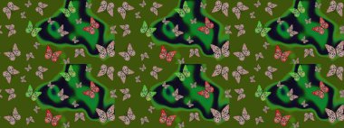 Kelebekli çizim şekli. Yeşil renkli illüstrasyon. Raster. Tekstil, kumaş, baskı ve davet için arkaplan.