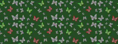 Karala, karala, karala. Raster. Yeşil renkli resim. Yeşil arka planda renkli kelebeğin çizim şekli.