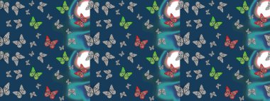 Çizim, karalama, karalama. Moda Kumaşı Tasarımı. Raster. Kelebekli soyut çiçek arkaplanı çiz. Sonsuz.