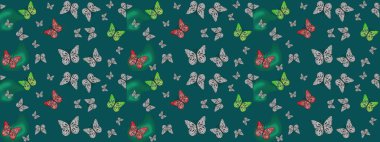Raster illüstrasyonu. Mavi renkli kelebeklerin eskiz arkaplanı. Tekstil, duvar kağıtları, web sayfası arkaplanları, yüzey dokuları için mükemmel.