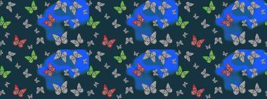 Dekoratif el çizimi kelebekler. Mavi renkli resim. Raster illüstrasyonu. Güzel kumaş tasarımı..
