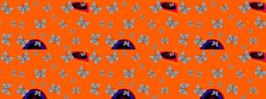Turuncu arka planda kelebek deseni. Kumaş, Tekstil, Baskı ve Davetiye için arka plan. Raster illüstrasyonu.