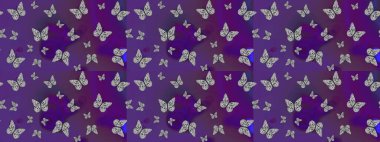 Kelebekli renkli folklor deseni. Paketleme, kağıt ve kumaş için uygun. Menekşe arkaplanda renkli kelebekler.