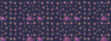 Kış konsepti Mor ve yeşil renklerdeki kar tanelerinden oluşan kış deseni. Raster illüstrasyonu. Düz yatıyordu.