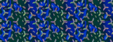 İllüzyon. Düşen Noel stili kar taneleri. Kar taneleri, kar yağışı. Güzel raster mavisi, yeşil ve mor kar taneleri renkli bir arkaplanda izole edilmiş..